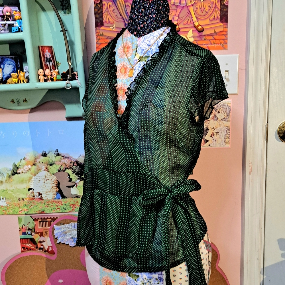 Poetry Green Polka Dot Wrap Blouse with Tie Front and Ruffles